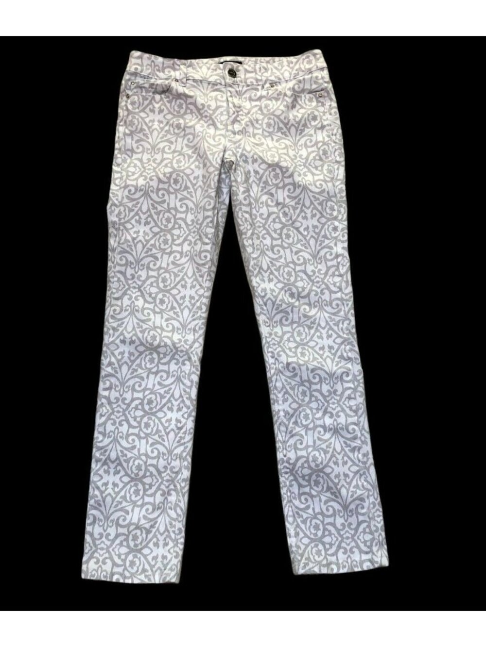 White House Black Market Pants Womens 2R Gray Paisley Slim Ankle Fit Rhinestones